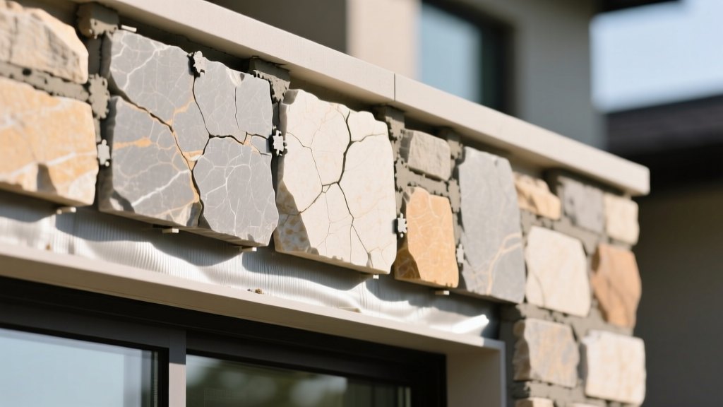 Close-up of split-face natural limestone veneer panels showing 1-inch thickness and mortar joints being applied to a weather-resistant barrier on exterior framing