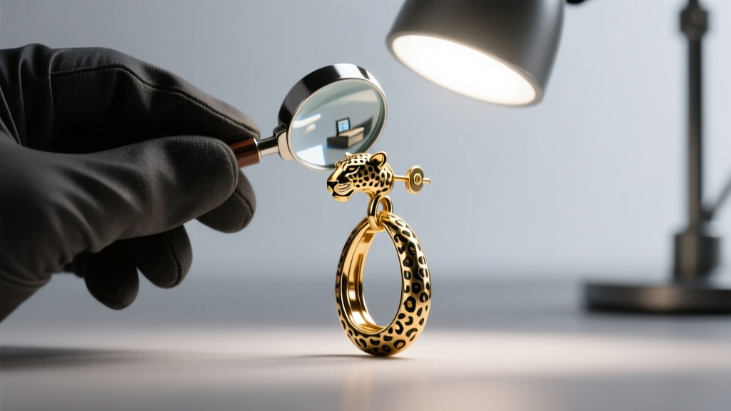 Jeweler examining the omega back clasp of a heavy 16-gauge gold jaguar drop earring under a bright LED desk lamp with a loupe