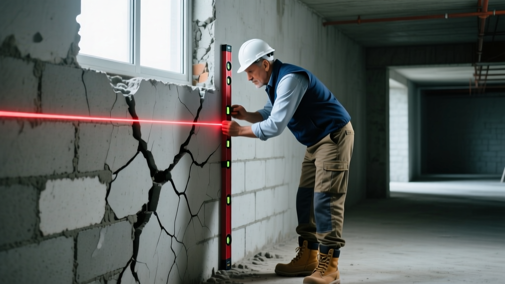 Structural engineer using a laser level to measure basement wall bowing while inspecting exposed concrete block foundation cracks