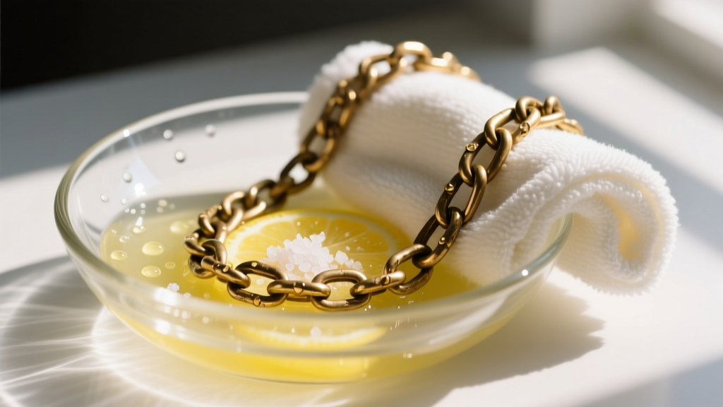 Tarnished brass chain necklace in a glass bowl with lemon juice and sea salt, resting beside a soft microfiber polishing cloth.