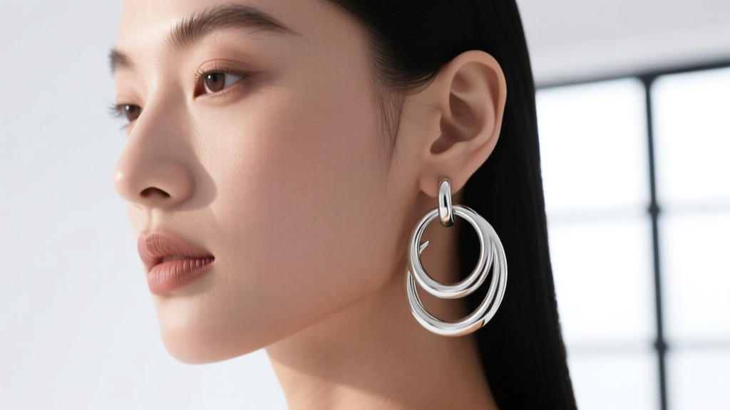 Elegant close-up of a model wearing layered silver double hoop earrings on the lobe, soft studio lighting highlighting polished metal.