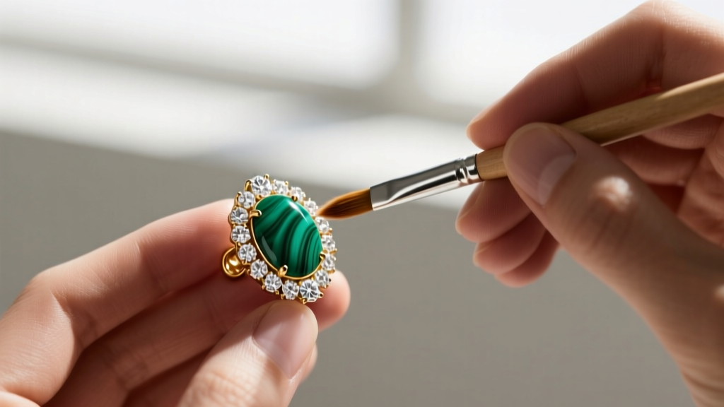 Jeweler using a soft brush to clean a Bvlgari Divas Dream earring with diamonds and malachite, avoiding harsh ultrasonic damage
