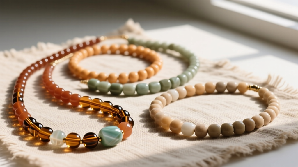 Flat lay of glass and howlite bead necklaces in earthy tones on textured linen, illuminated by soft natural window lighting