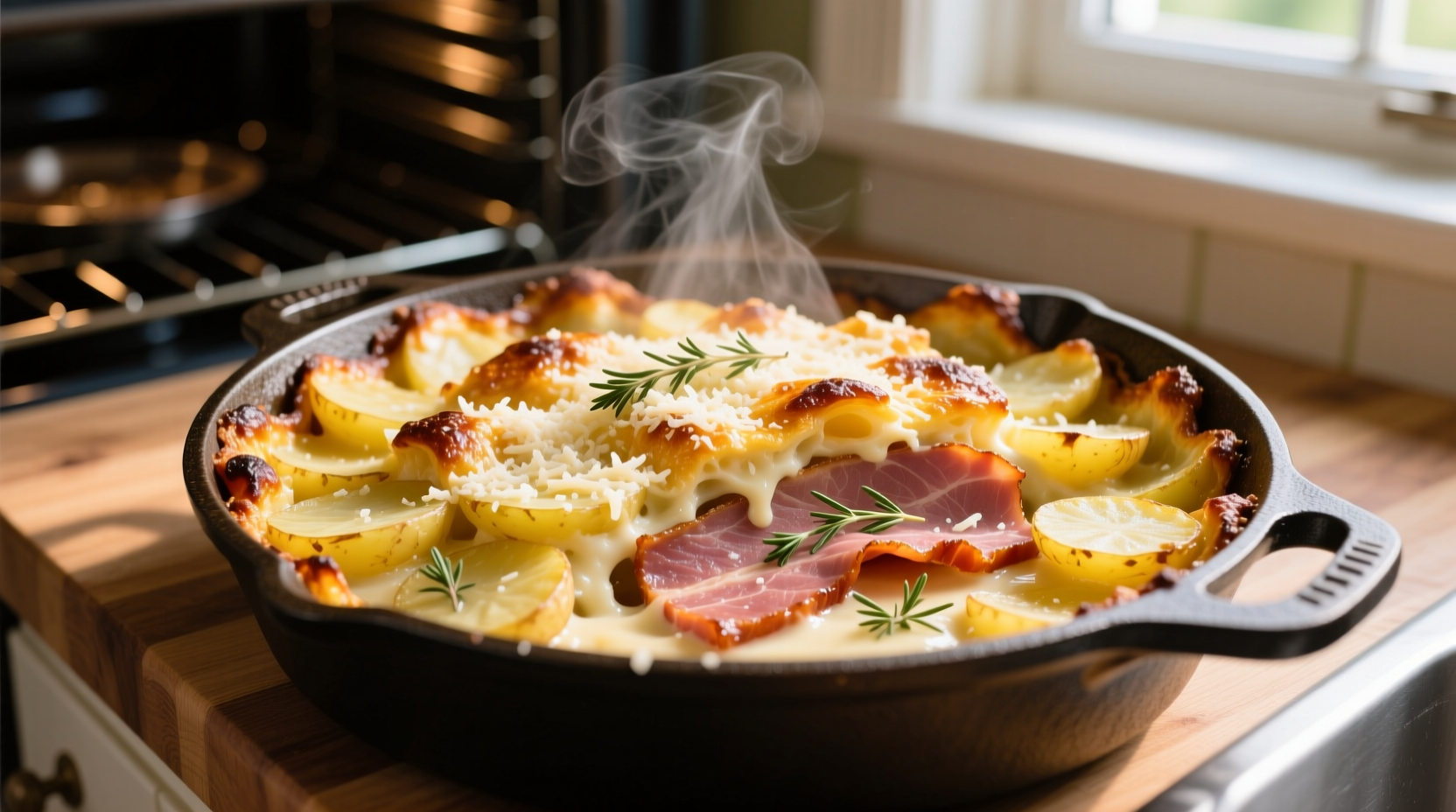 Golden baked ham and scalloped potato casserole