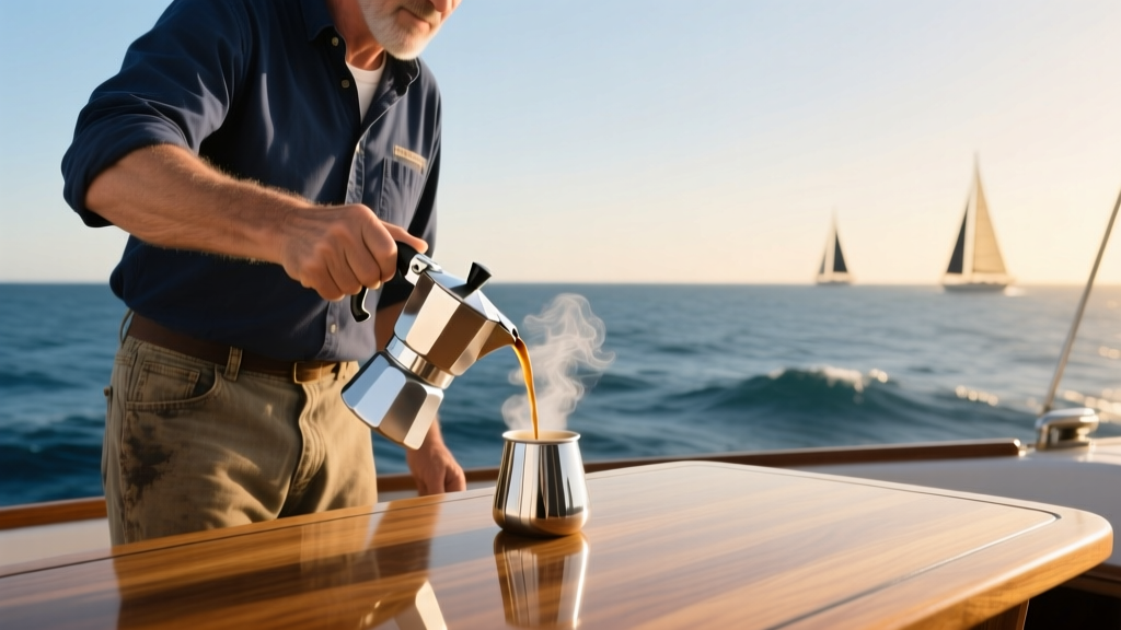 A sailor pouring a rich shot of espresso from a portable silver maker on a teak boat table with the ocean in the background