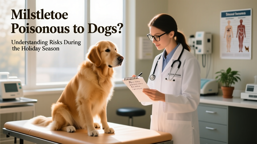 A veterinarian reviewing notes beside a calm, seated dog in a clinic setting