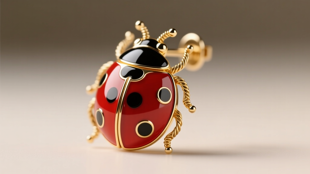 Macro shot of a cloisonné ladybird earring showing fine gold wires separating vibrant red and black glass enamel sections