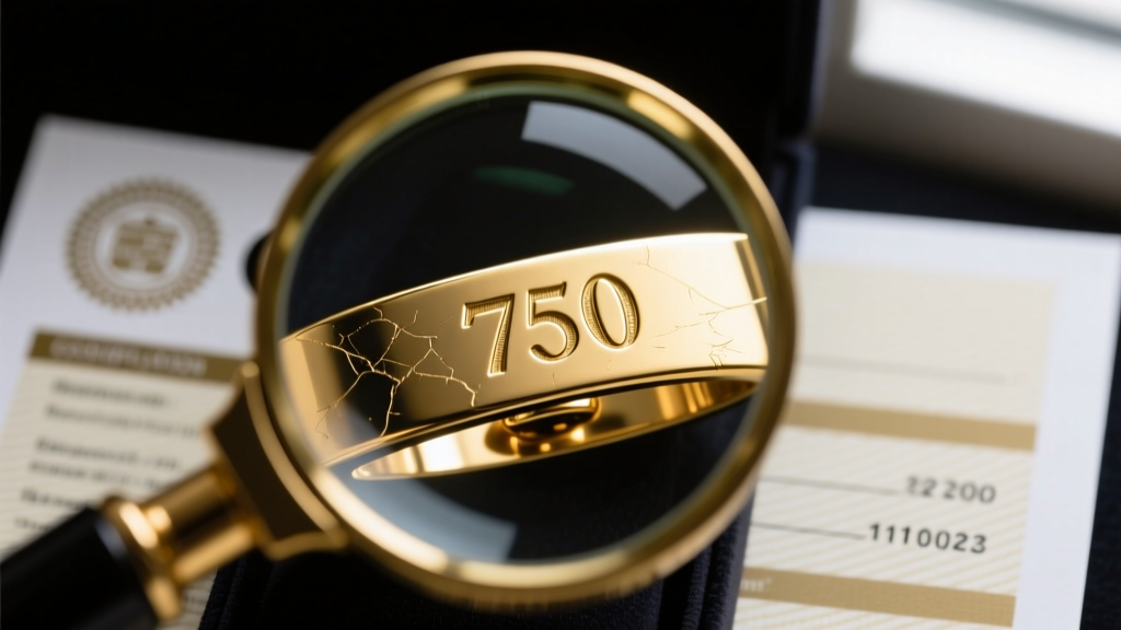 Macro view of a loupe inspecting a 750 hallmark on a gold clasp, with a blurred GIA certificate visible in the dark background.