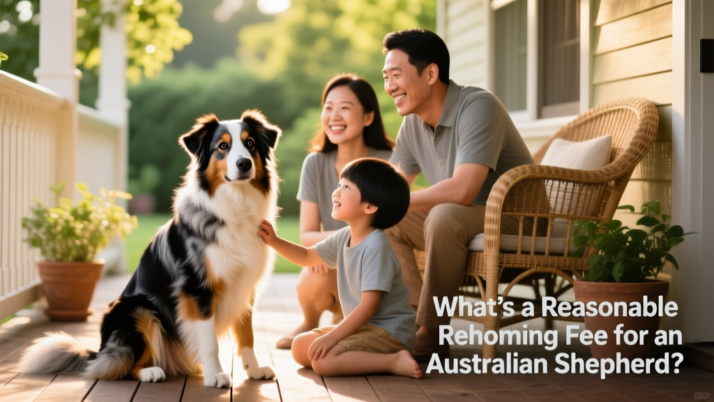 Australian Shepherd sitting calmly beside a family on a sunny porch