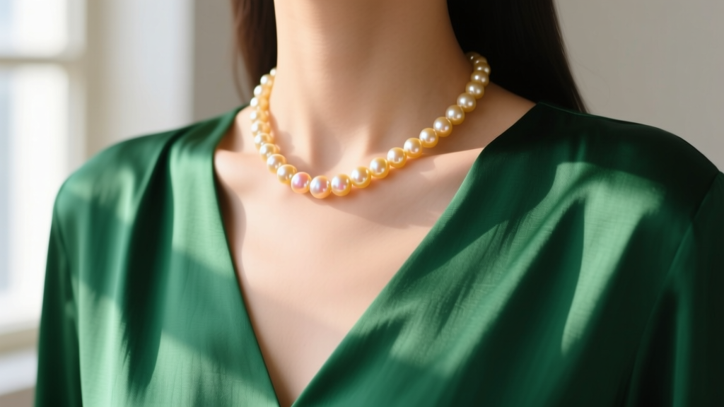12mm golden South Sea saltwater pearl necklace on a collarbone, styled with an emerald V-neck silk blouse in soft daylight.