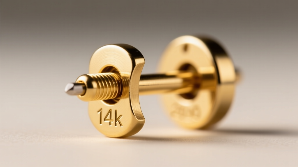 Macro photography of a 20-gauge gold earring post and friction back, highlighting the solder joint and 14K hallmark