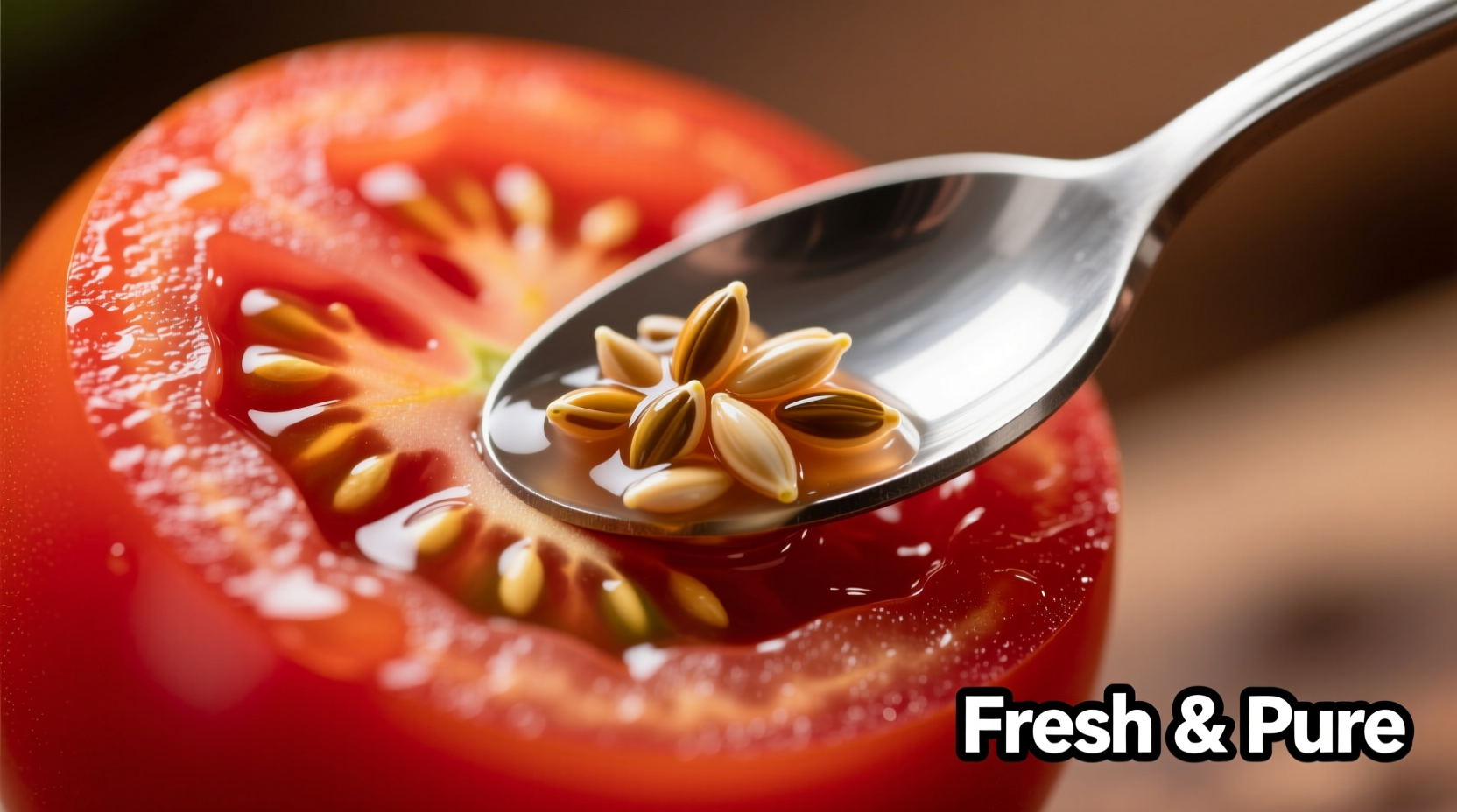 Close-up of tomato spoon removing seeds from ripe tomato