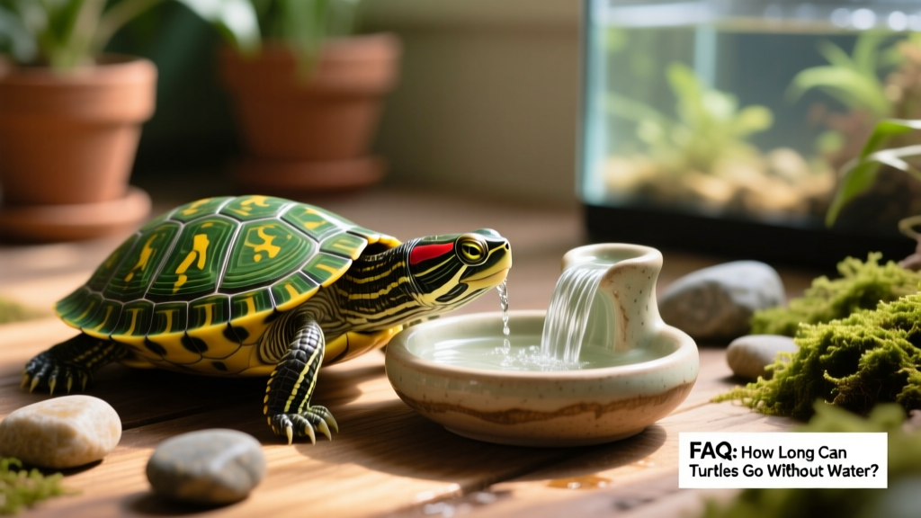 A healthy red-eared slider turtle drinking from a shallow, ceramic water dish with a gentle waterfall feature