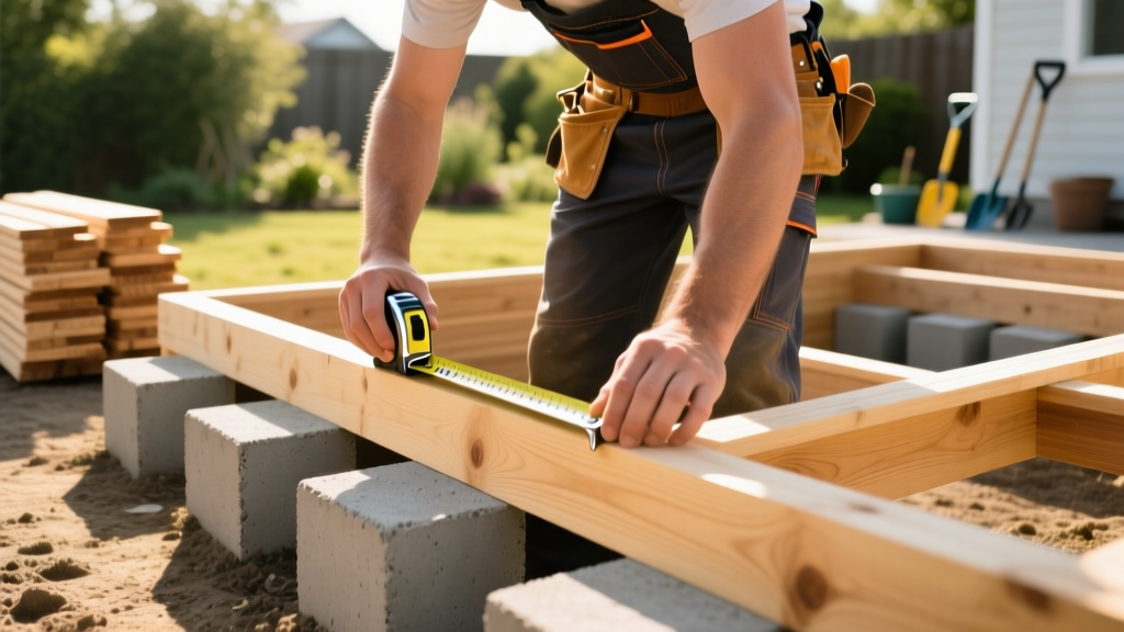 Carpenter measuring a wooden shed foundation frame with a tape measure, surrounded by lumber and concrete blocks in a sunny yard
