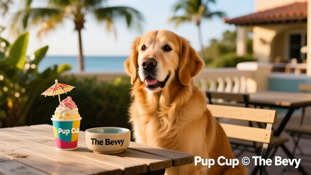 A golden retriever sitting politely at an outdoor table at The Bevy restaurant, with a water bowl and 'Pup Cup' ice cream nearby