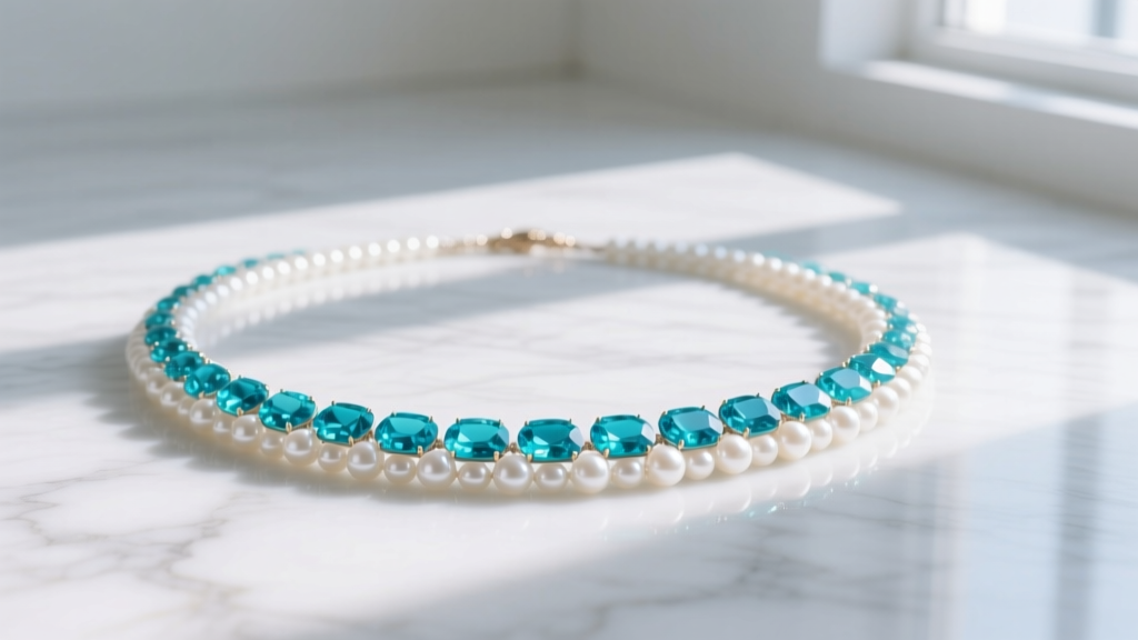 Vibrant blue turquoise and luminous white pearl necklace draped on white marble, bathed in soft natural lighting