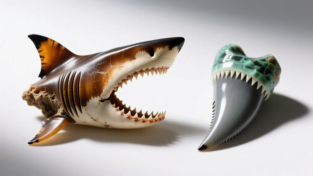 Macro view of fossilized Megalodon and modern Tiger shark tooth pendants, showing distinct enamel colors and unique root shapes.