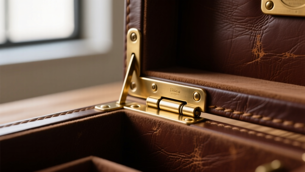 Close-up of a solid brass quadrant hinge and tension stay installed on the interior rear lip of a heavy leather bow jewelry box