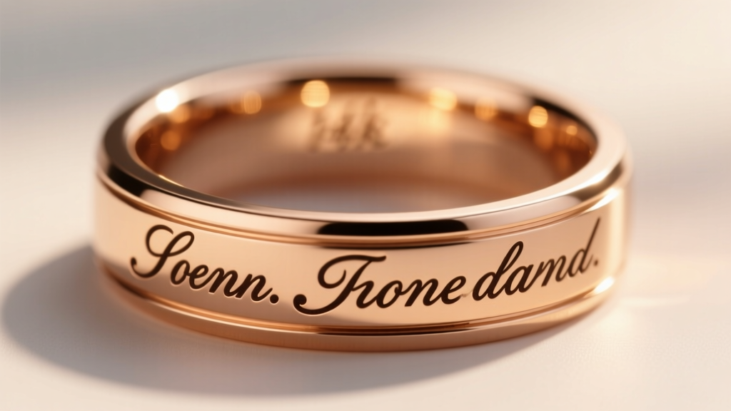 Close up of delicate script laser engraving inside a 14k rose gold band showing crisp darkened lettering and polished metal finish