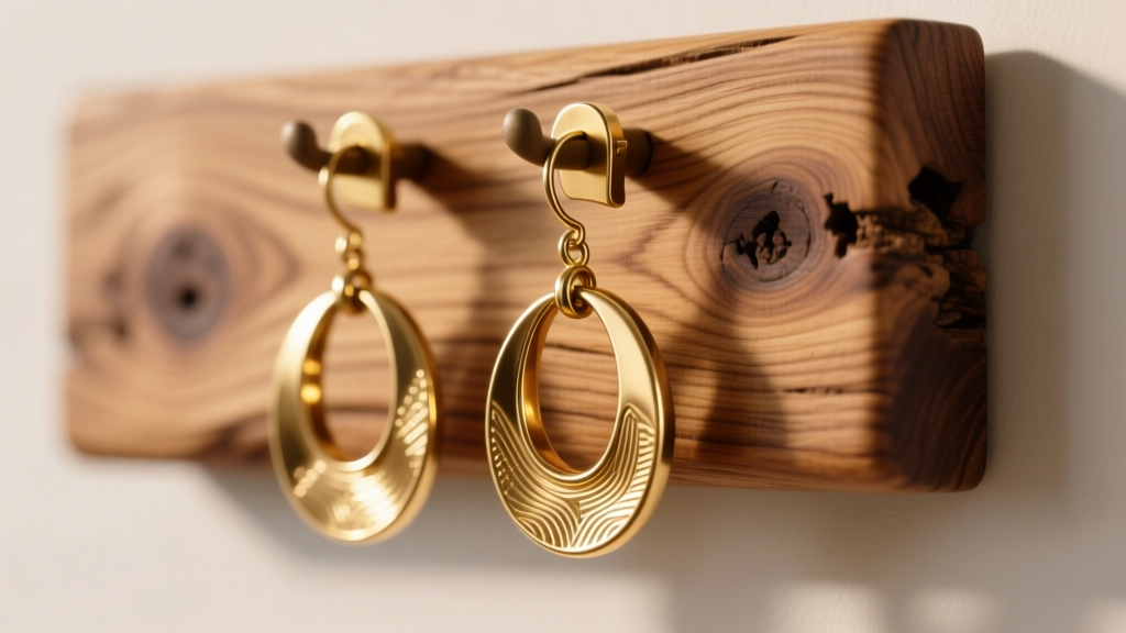 Close up of heavy brass dangle earrings on an oak wood wall mounted holder, showing detailed wood grain in warm light.