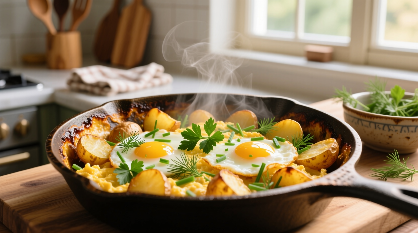 Golden potato and egg skillet with fresh herbs