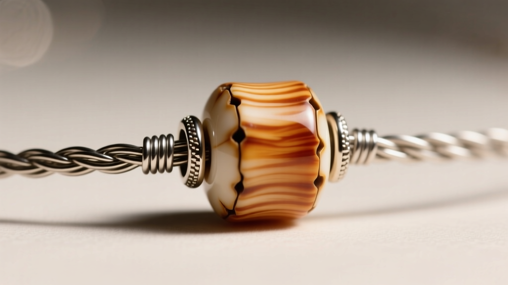 Macro shot of a 20mm bamboo coral bead strung on 49-strand steel jewelry wire, highlighting the crimp bead and wire guard details.