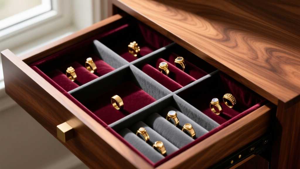 Top-down view of an open mahogany drawer revealing a modular velvet-lined jewelry organizer for drawer setups holding gold rings