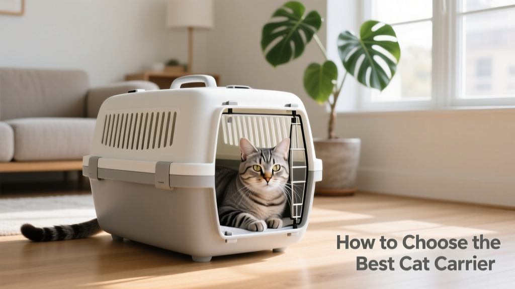 A calm cat resting inside a well-ventilated, top-loading hard-sided carrier on a living room floor