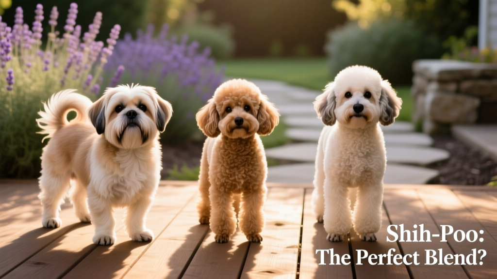Side-by-side comparison showing a Shih Tzu, a Toy Poodle, and a Shih-Poo standing together to illustrate relative size differences