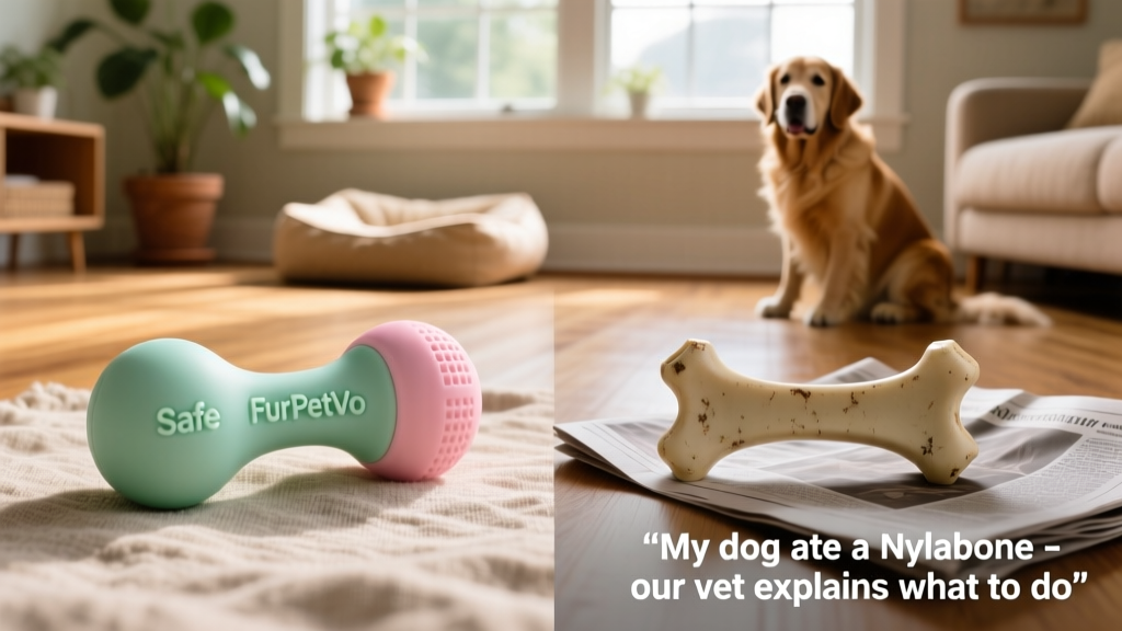 Side-by-side comparison: safe FurPetVo chew toy (rounded, flexible) vs. rigid traditional chew toy (sharp edges visible)