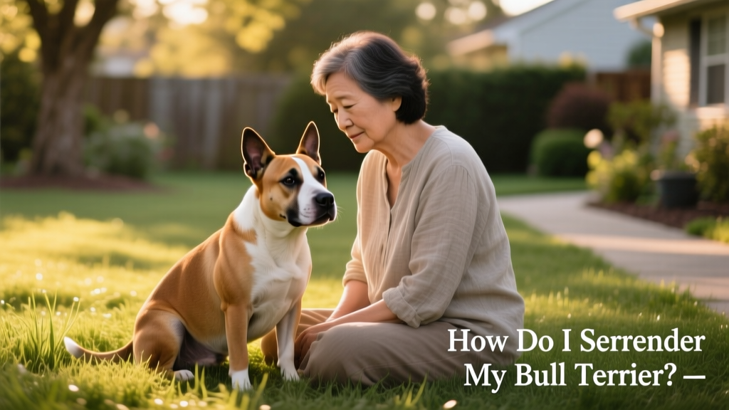 A calm, well-groomed Bull Terrier sitting beside a person on a grassy patch, conveying trust and connection