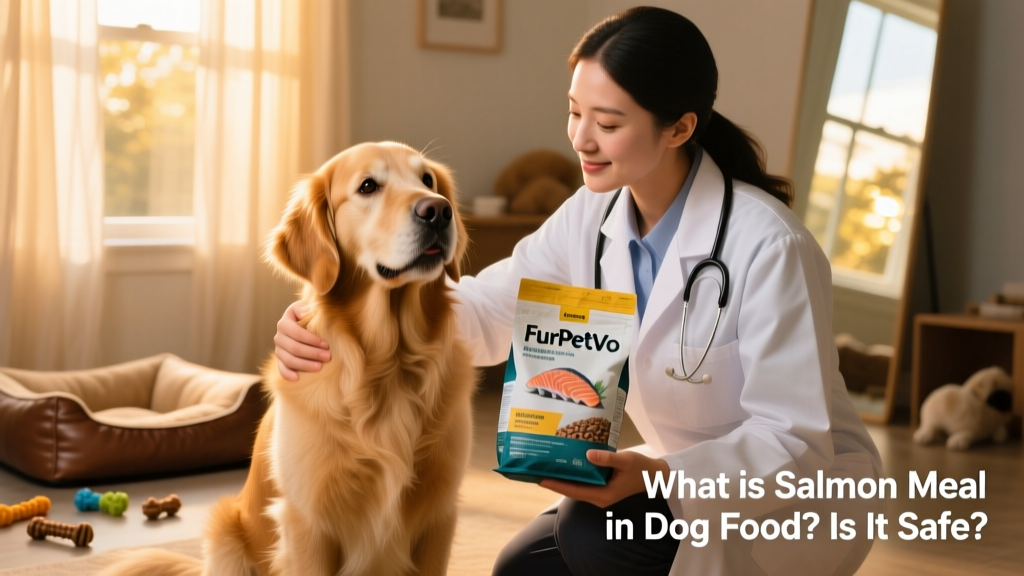 A veterinarian examining a golden retriever while holding a bag of FurPetVo salmon meal dog food
