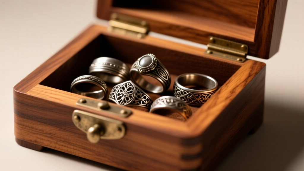 Close-up of a walnut homemade jewelry box with a drawer open, revealing tarnished silver rings inside, warm studio lighting.