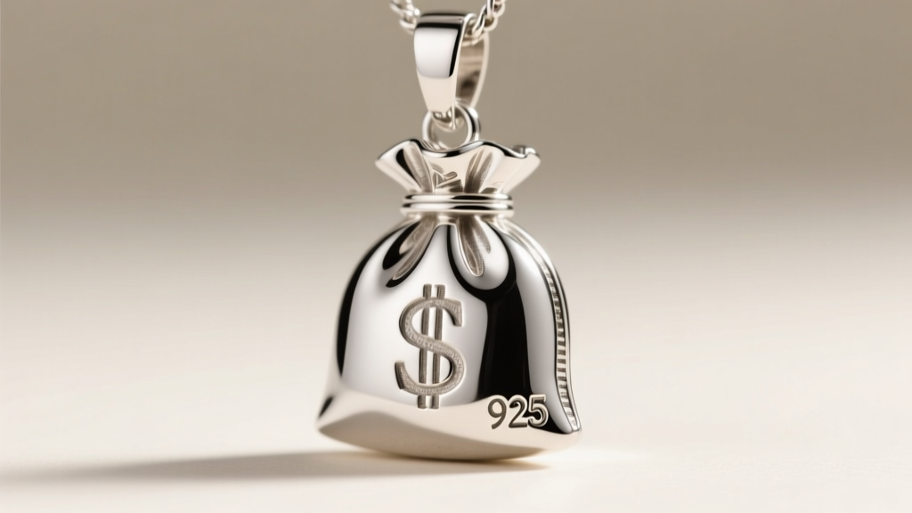 Macro shot of a sterling silver money bag pendant with rhodium plating, showing the stamped 925 hallmark on the flat back edge.