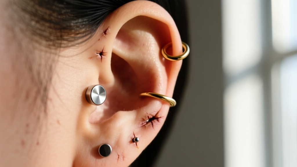 Macro shot of a curated ear with multiple healed piercings, showing a titanium flat-back stud and a delicate gold helix hoop.