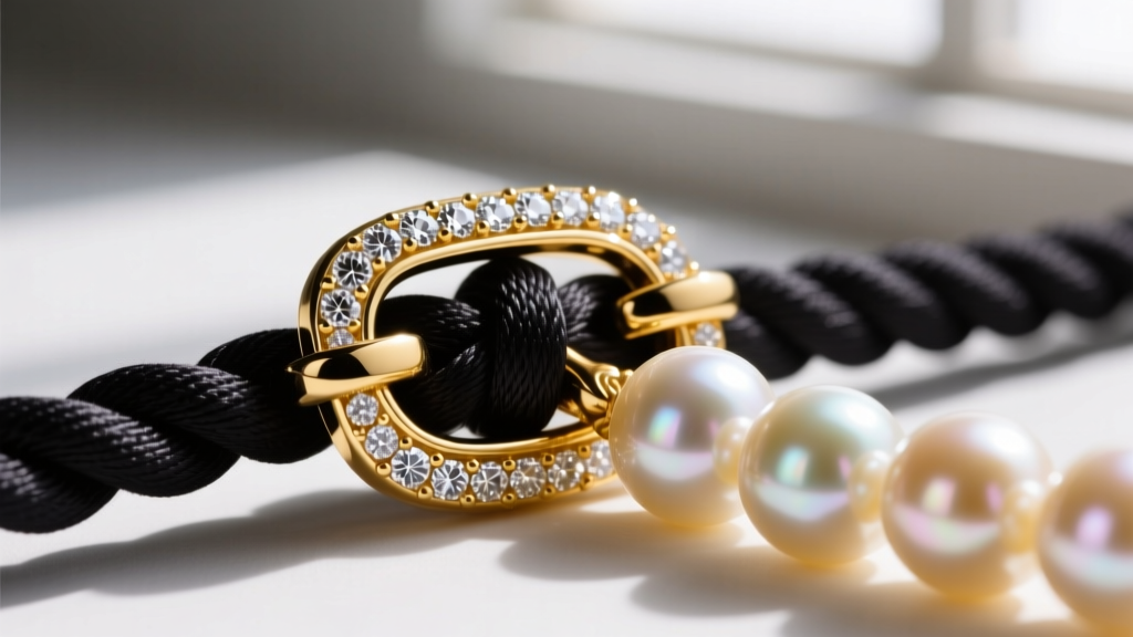 Close-up of a heavy 18k yellow gold diamond-studded clasp securing a thick knotted silk thread on a golden South Sea pearl strand