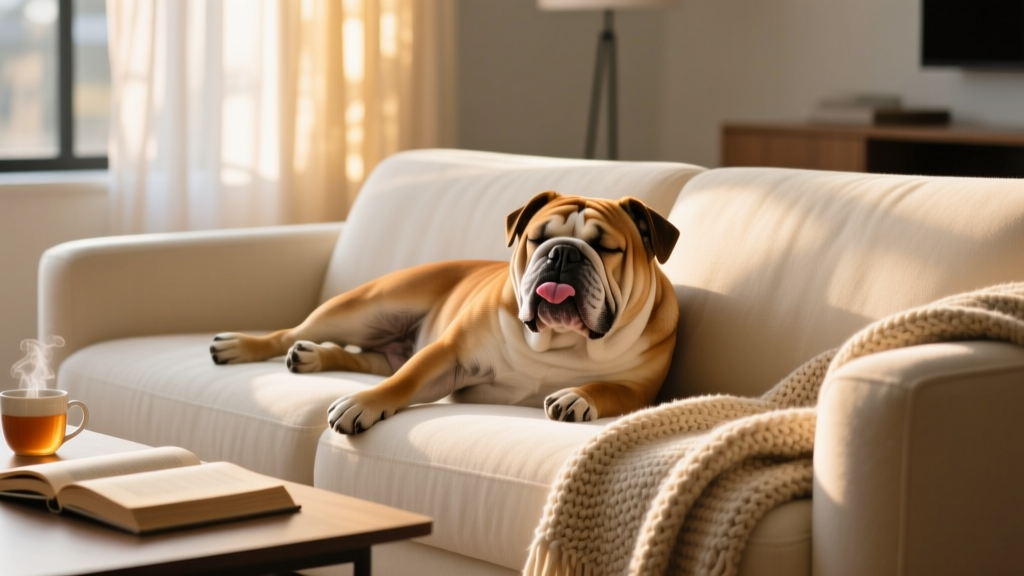 A relaxed English Bulldog lounging on a cozy living room sofa