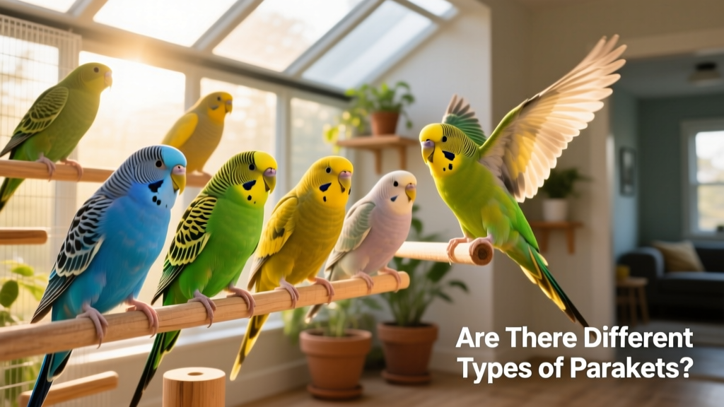 A vibrant group of different parakeet species perched together, showcasing varied colors and sizes