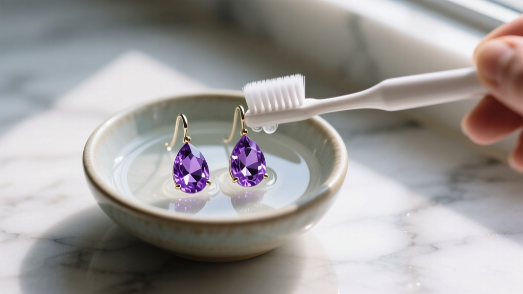 Cleaning purple sapphire drop earrings with a soft toothbrush and mild soapy water in a small ceramic bowl on a marble countertop