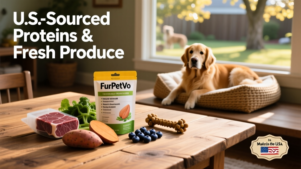 Close-up of FurPetVo ingredient list highlighting U.S.-sourced proteins and produce