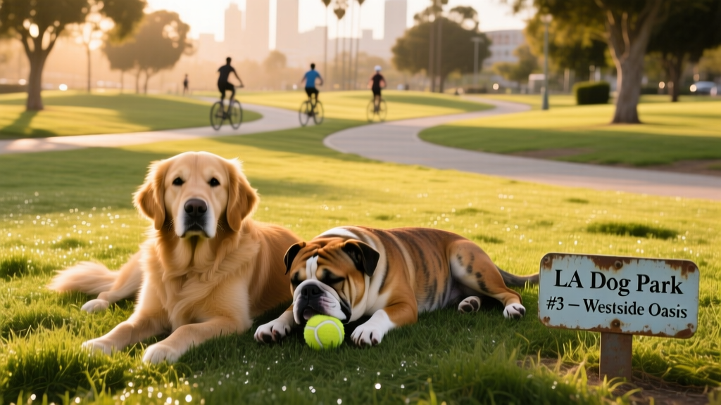Two dogs resting side by side on grass in a peaceful, sun-dappled dog park setting