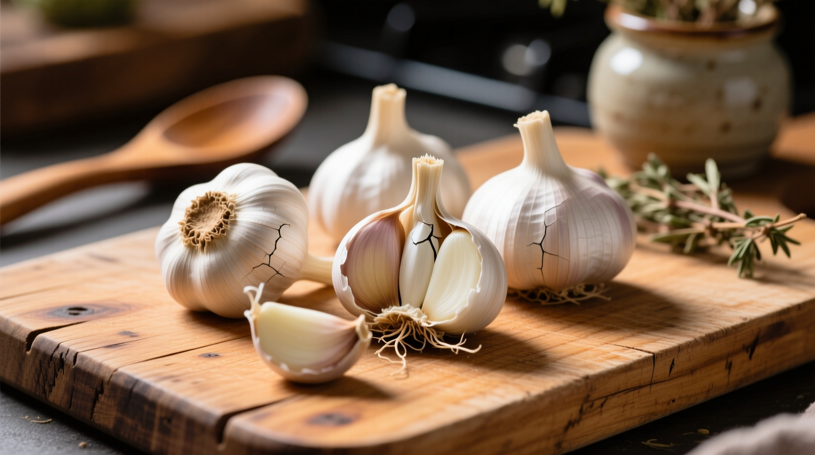 Close-up of fresh garlic cloves on wooden cutting board