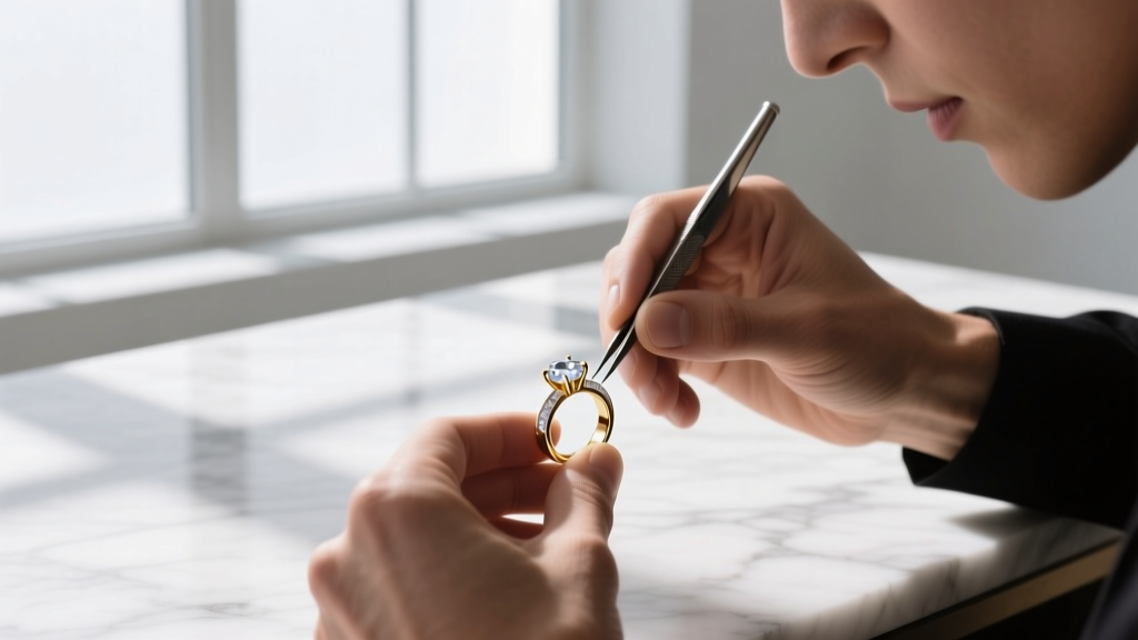 Jeweler's loupe inspecting the corner V-prong of an emerald cut moissanite stud earring, showing secure metal and crisp edges.