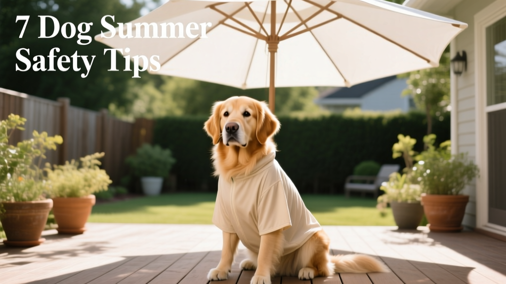 Dog wearing a breathable, light-colored sun shirt and sitting under a wide-brimmed patio umbrella