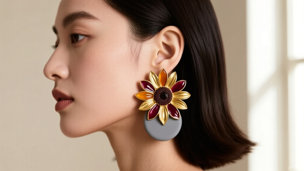 Side profile of a woman wearing large enameled sunflower earrings, showing a clear silicone support pad resting on the lobe