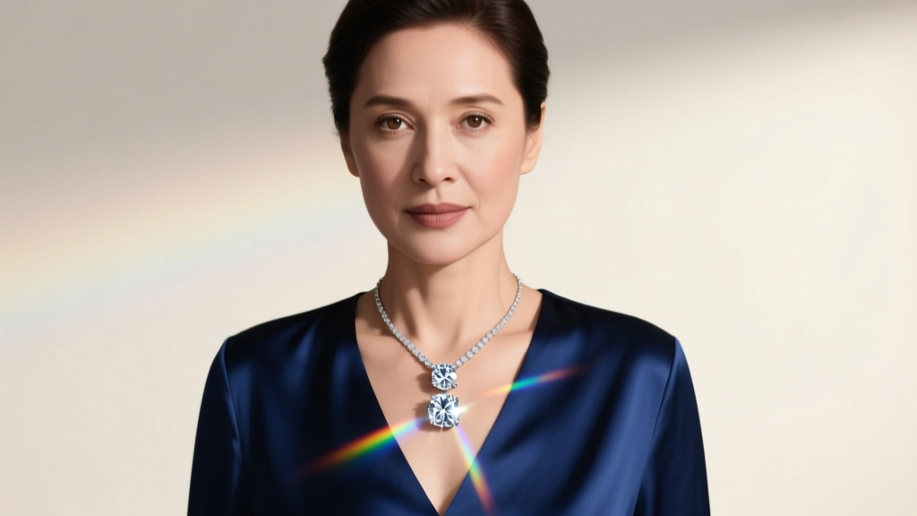 Portrait of a woman in a deep v-neck silk blouse wearing a single large three-carat diamond pendant necklace catching the light