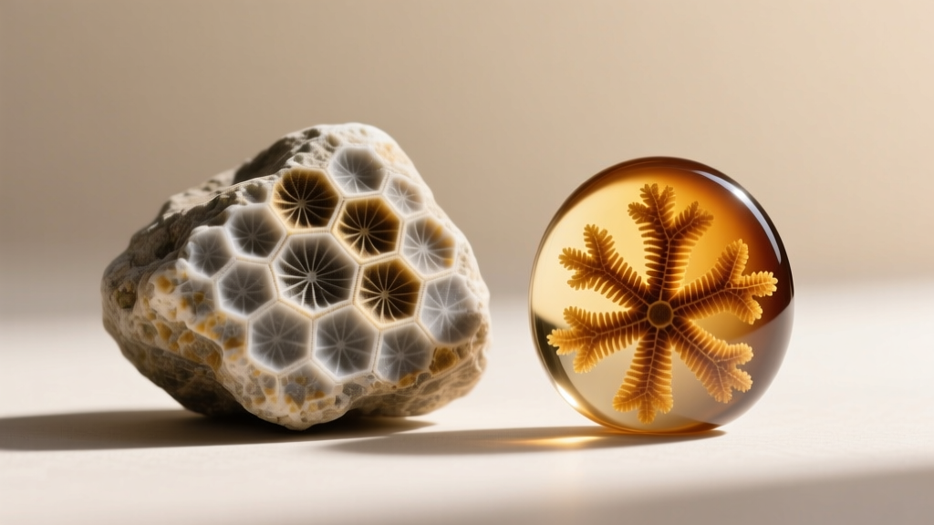 Macro shot of raw petoskey stone beside a polished cabochon showing hexagonal coral fossil patterns in bright natural light.