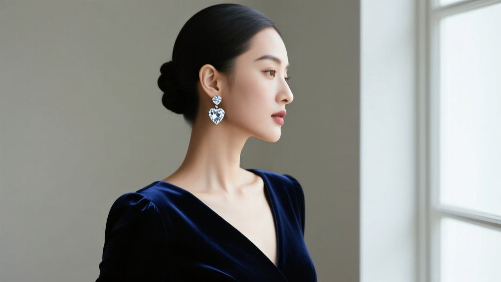 Side profile of a modern woman styling vintage heart-shaped diamond drop earrings with a sleek updo and dark velvet evening gown