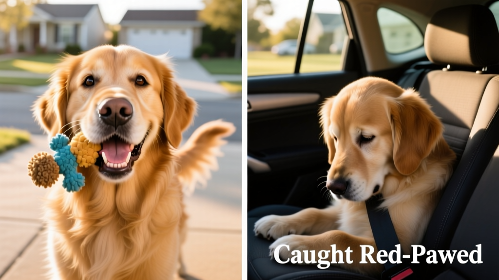 Side-by-side stills: Teddy grinning with toy in mouth vs. Teddy slumping low in car seat with ears drooping