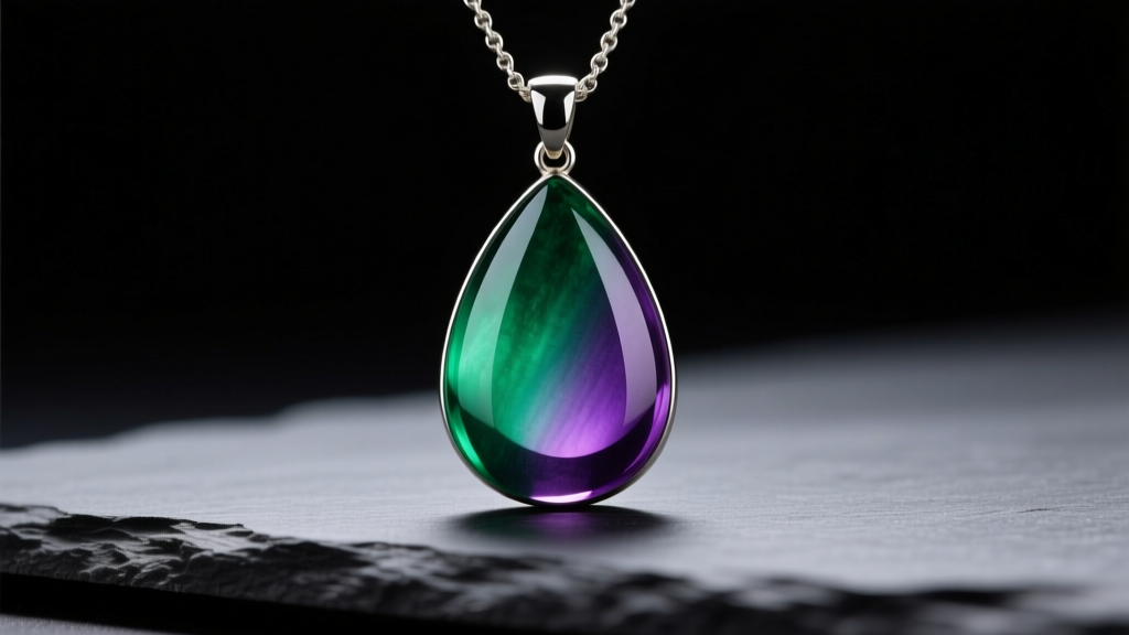 Macro shot of a teardrop mood necklace pendant shifting from green to violet, resting on dark slate under soft studio lighting